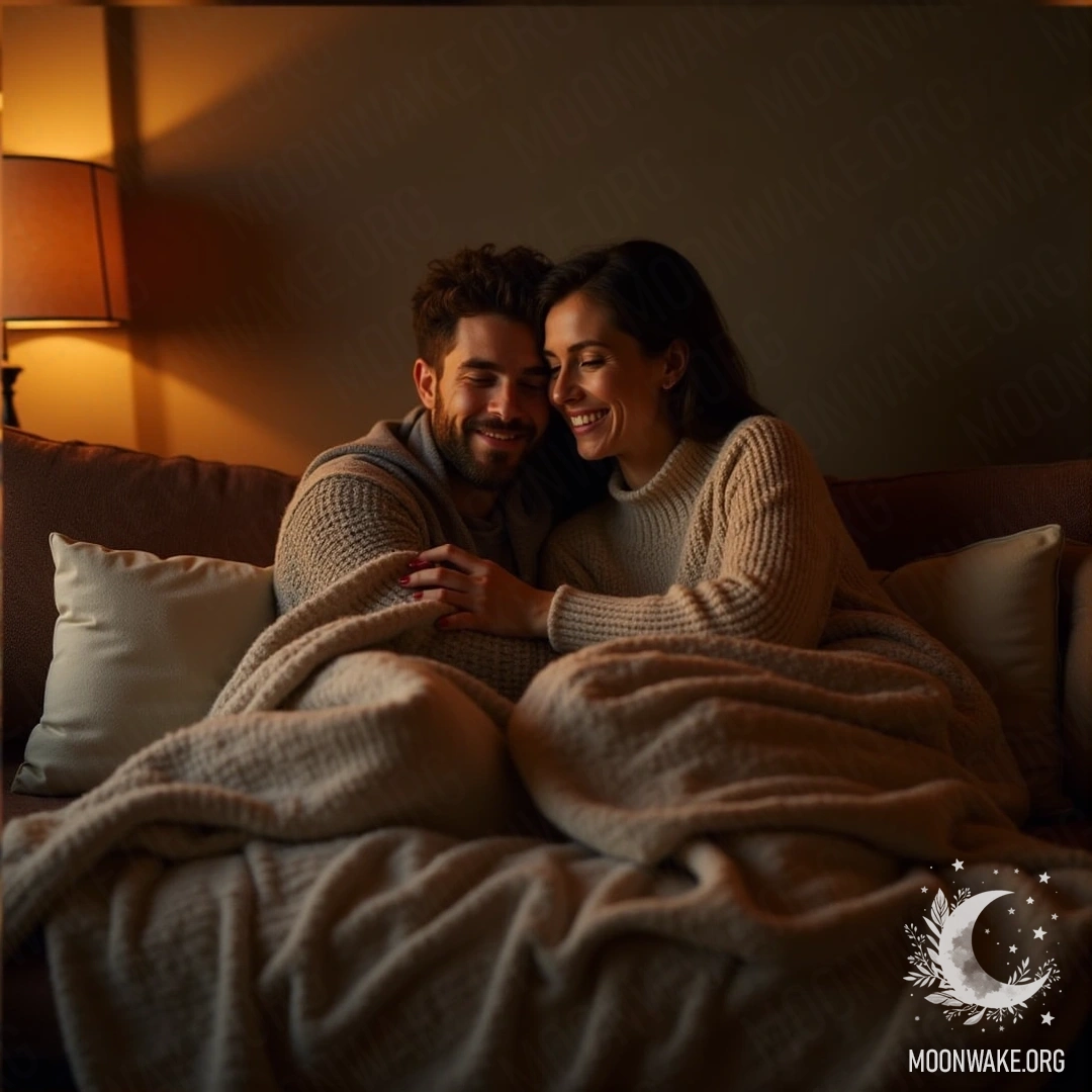 A couple cuddling on a comfortable sofa surrounded by blankets and cushions.