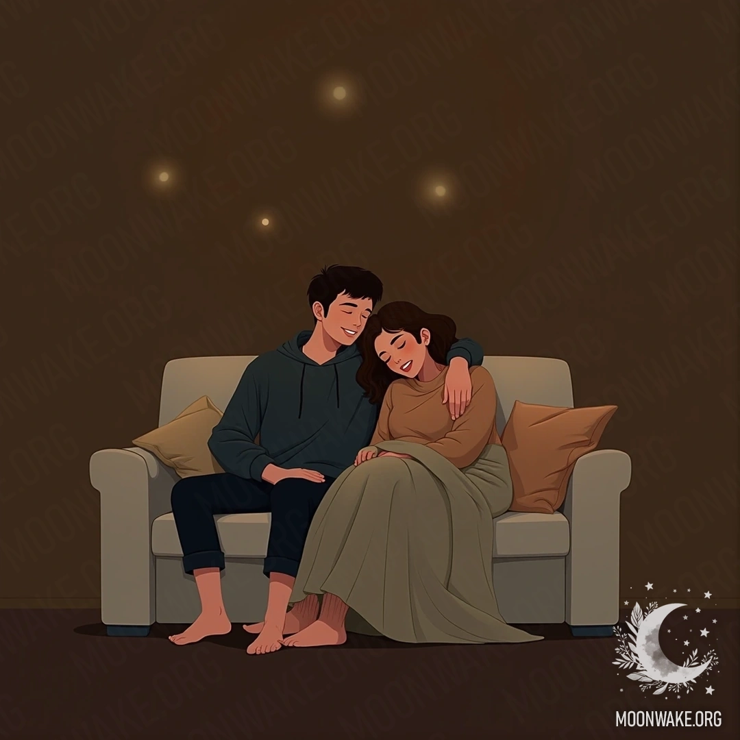 A couple cuddling on a comfortable sofa surrounded by blankets and cushions.