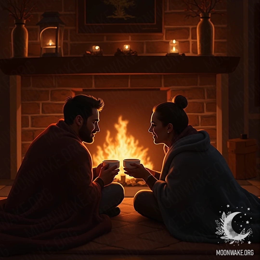 A couple sitting together by a warm fireplace, wrapped in a blanket and holding hot drinks.