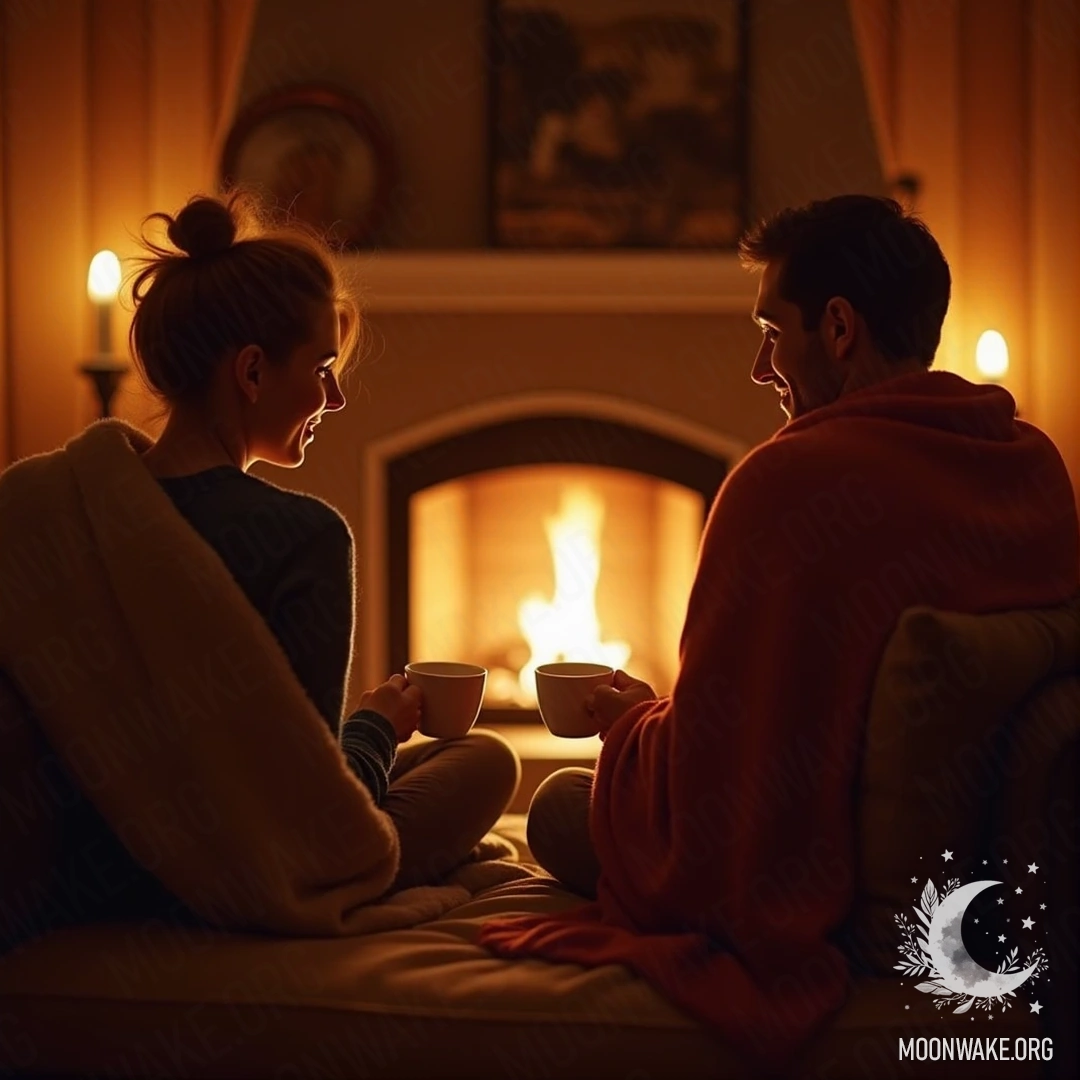 A couple sitting together by a warm fireplace, wrapped in a blanket and holding hot drinks.