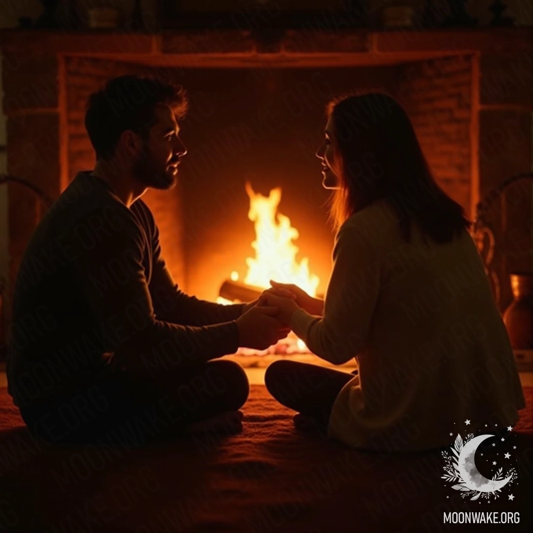 A couple sitting together by the fireplace in a warm room.