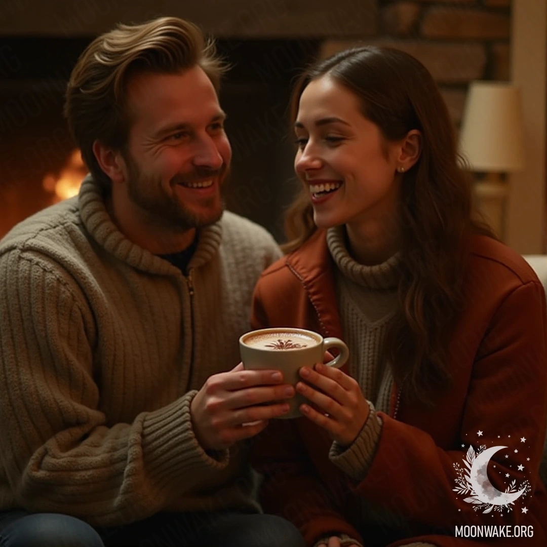 A couple enjoying hot cocoa by a warm fireplace in a cozy living room.