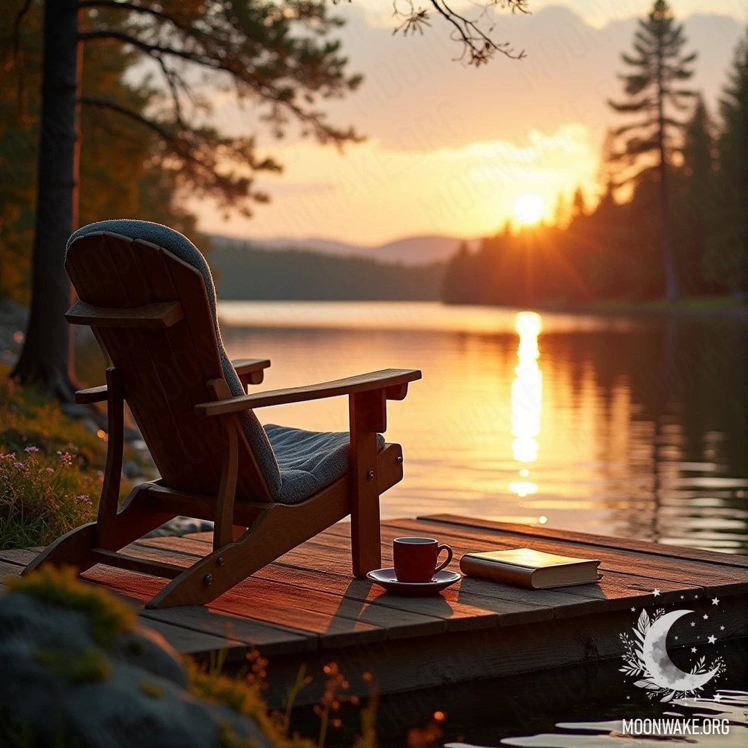 A cozy deck chair on a wooden dock by the lake with a cup of tea and a book, surrounded by trees during sunset.