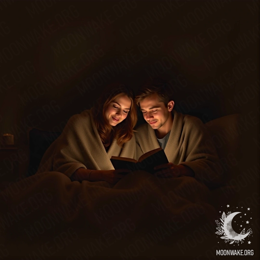 A couple wrapped in a blanket, reading books in soft lighting at home.