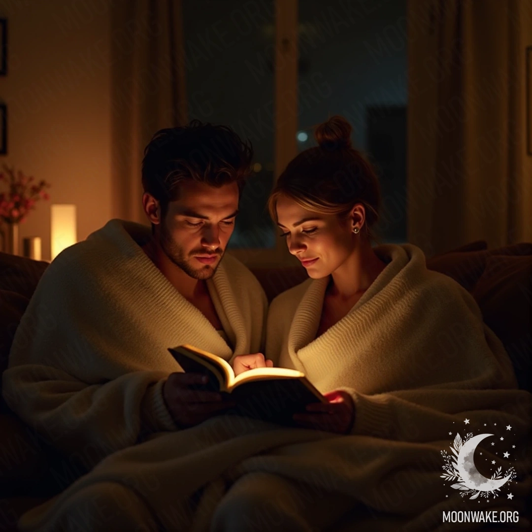 A couple wrapped in a blanket, reading books in soft lighting at home.