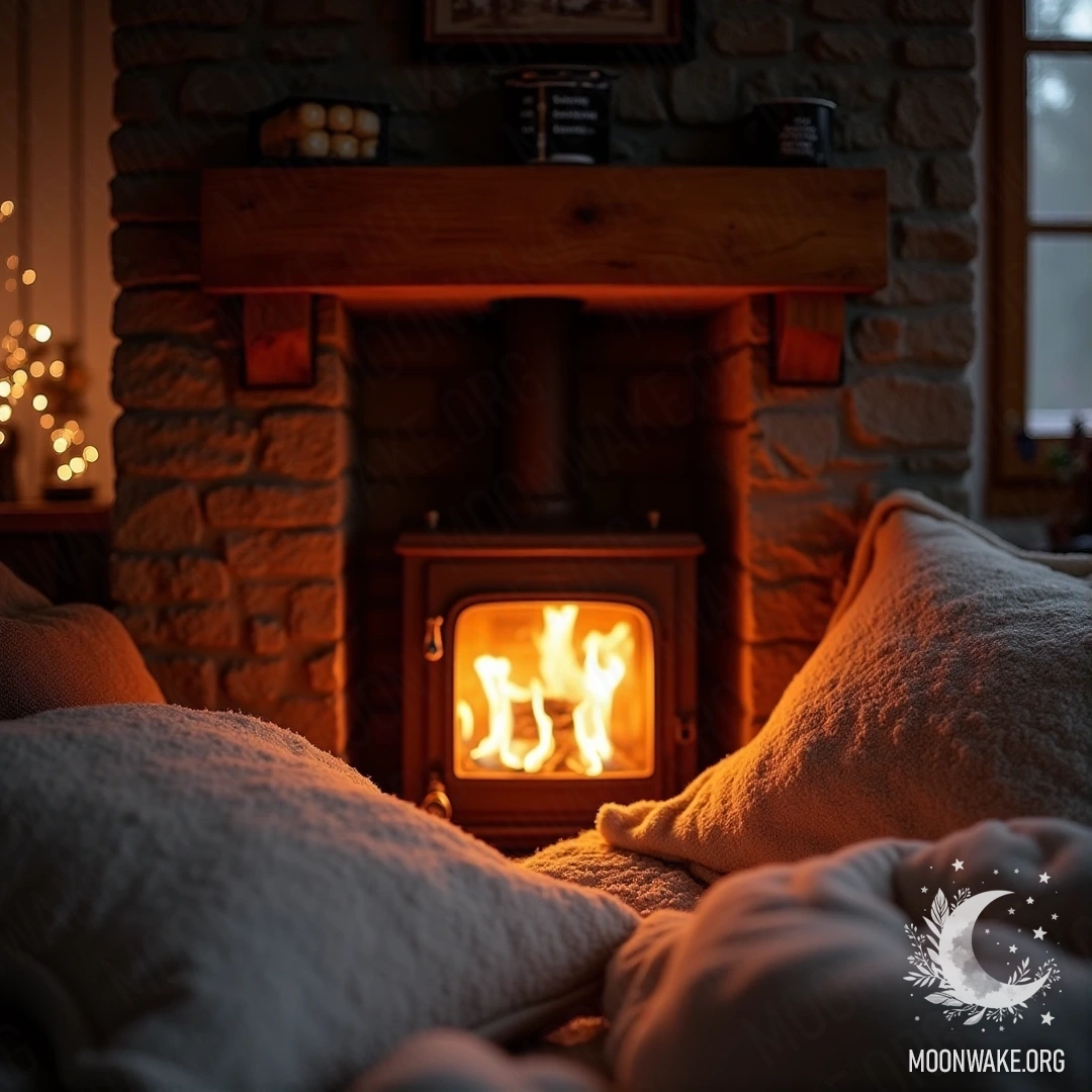 Cozy fireplace with crackling fire, surrounded by pillows and blankets.