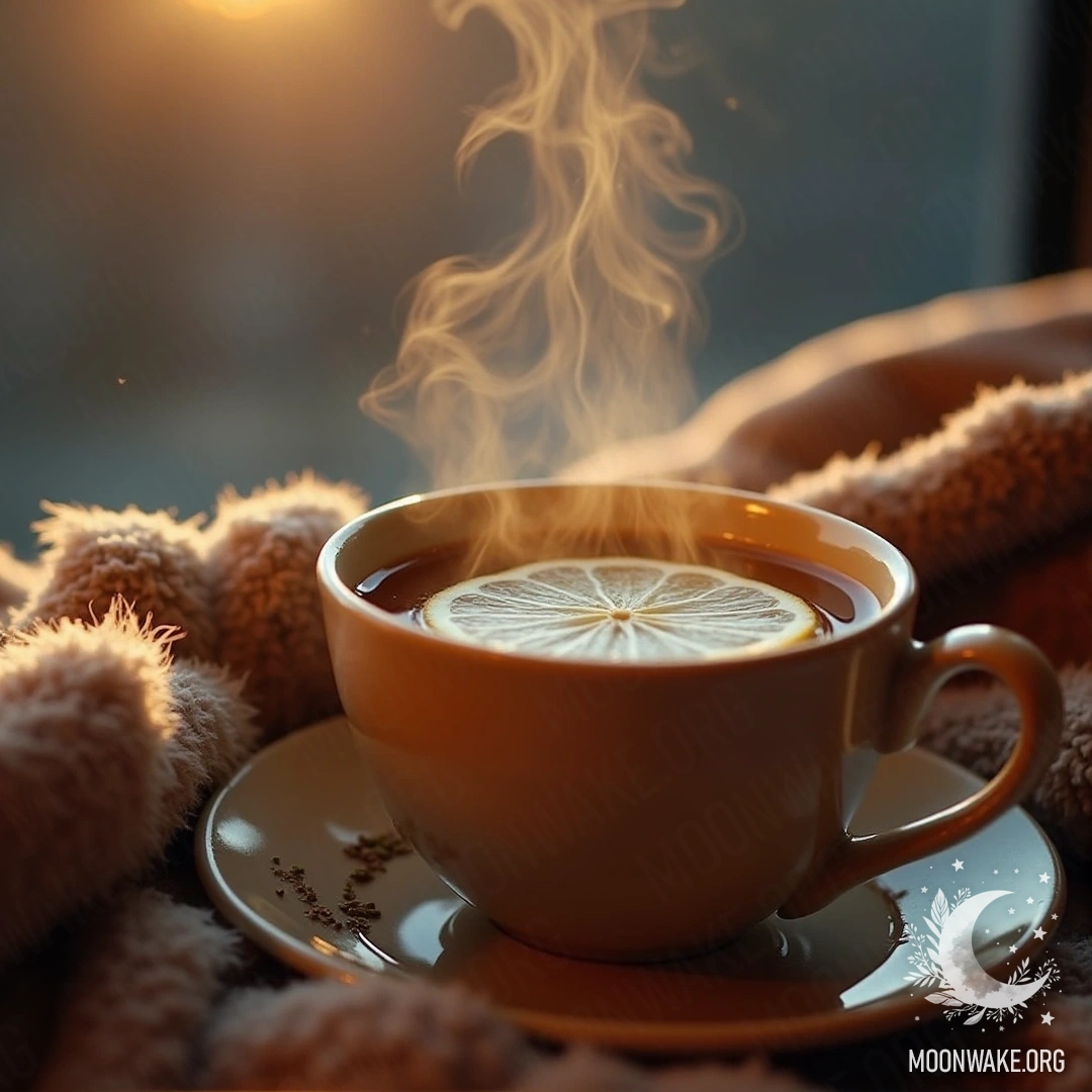 A steaming cup of herbal tea with a slice of lemon, surrounded by warm blankets.
