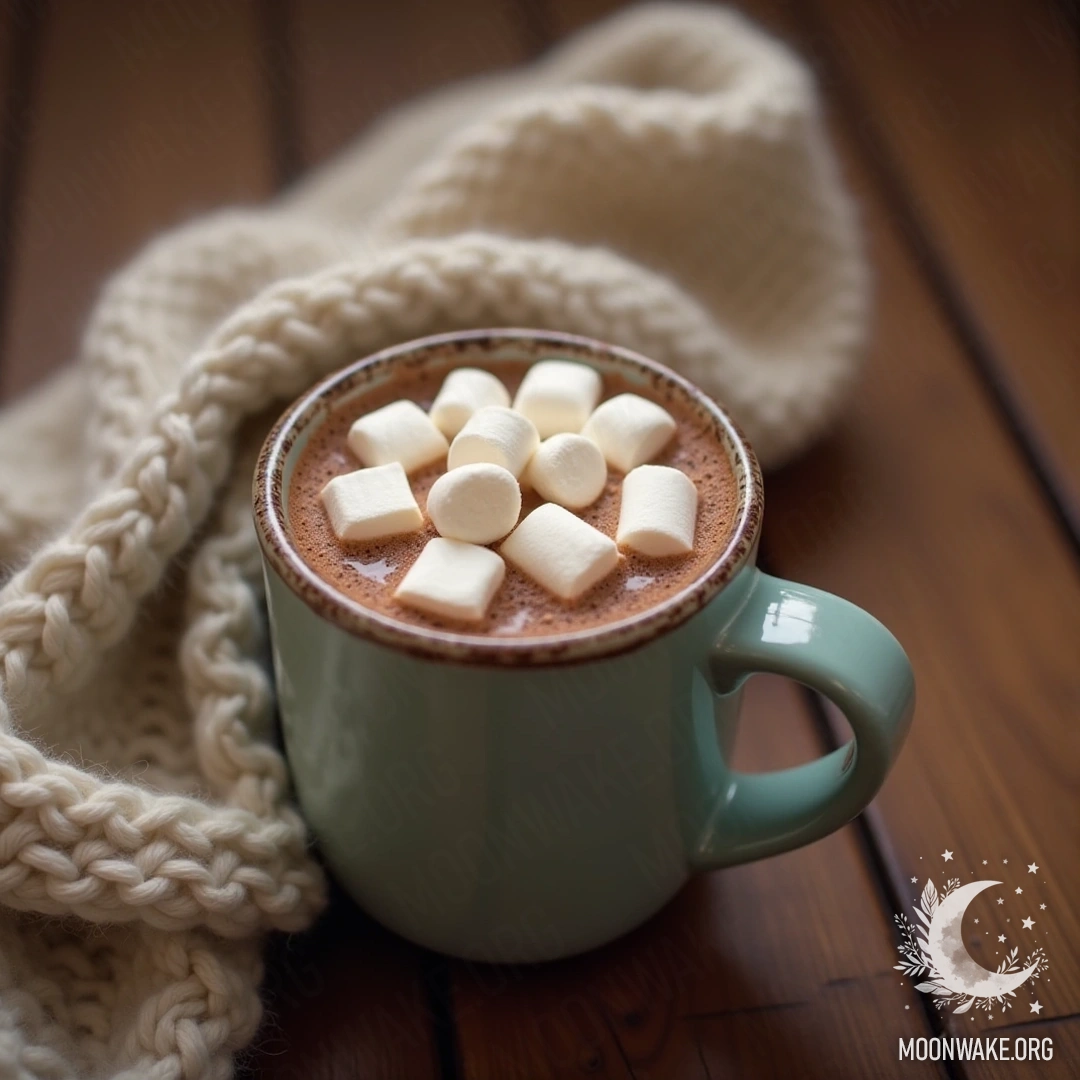 A steaming mug of hot chocolate with marshmallows on a wooden table next to a soft knitted scarf.