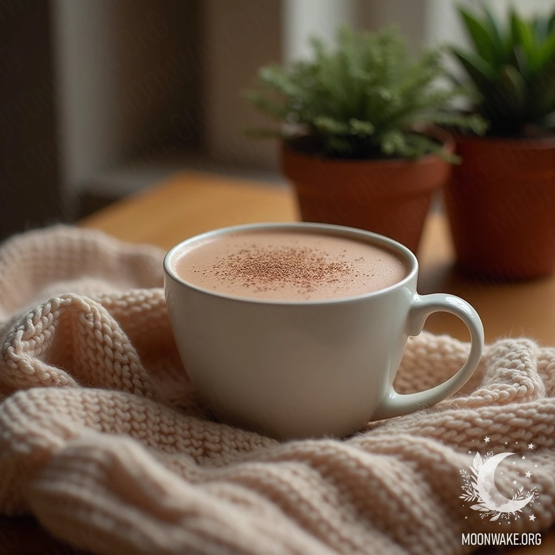 A warm knitted sweater and a cup of hot cocoa on a wooden table with a small potted plant.