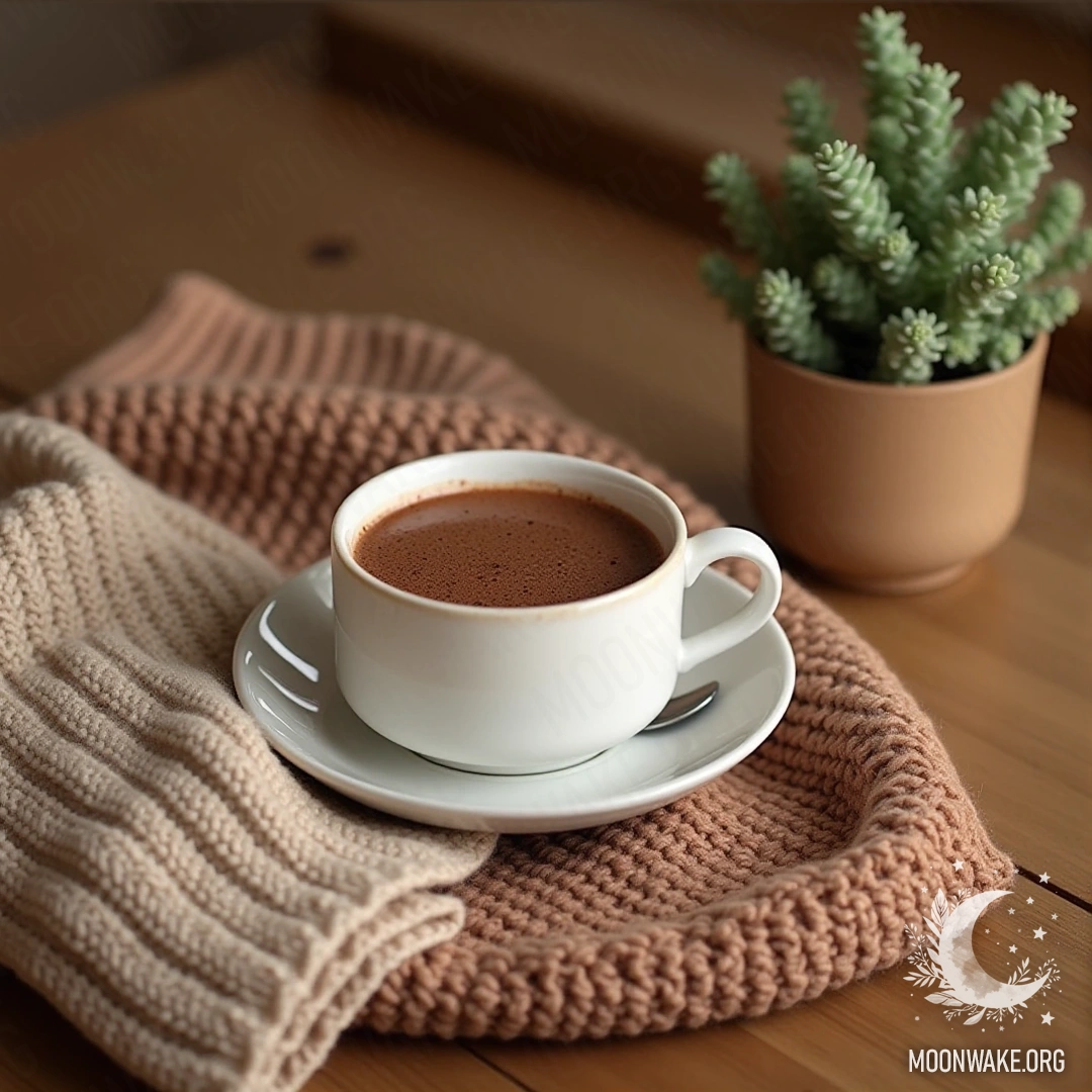 A warm knitted sweater and a cup of hot cocoa on a wooden table with a small potted plant.