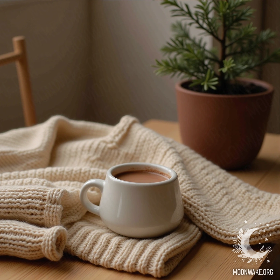 A warm knitted sweater and a cup of hot cocoa on a wooden table with a small potted plant.