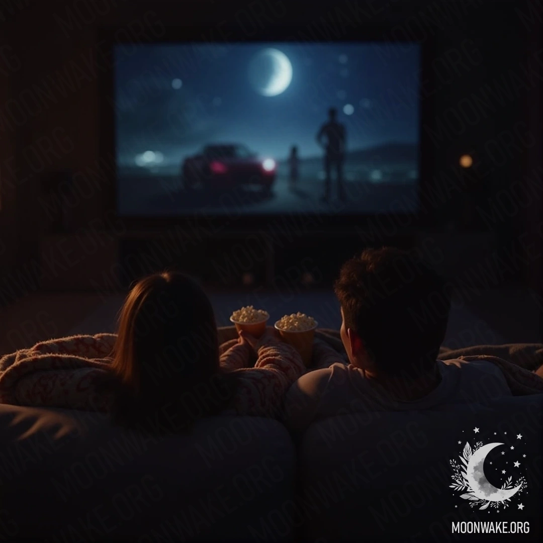 A couple cuddling on a couch, watching a movie with popcorn in dim light.