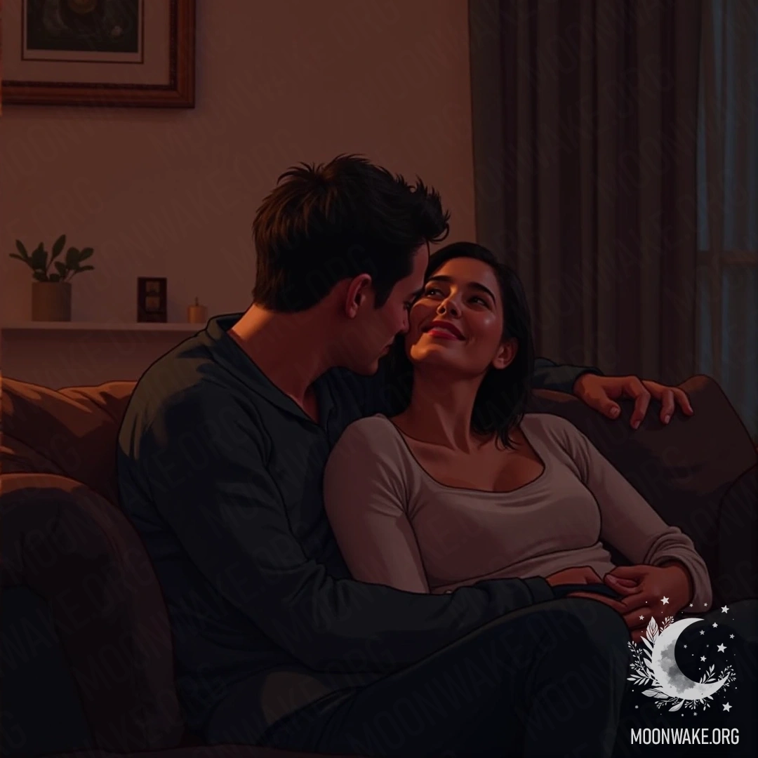 A couple cuddling on a couch while watching a movie in a cozy setting.