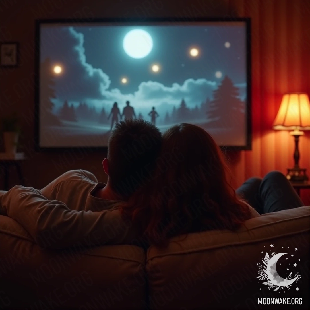 A couple cuddling on a couch while watching a movie in a cozy setting.