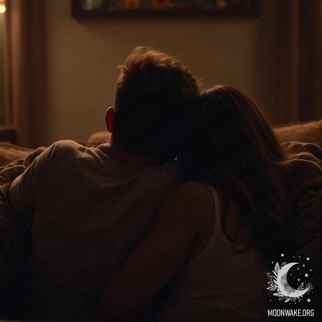 A couple cuddling on a couch while watching a movie in a cozy setting.