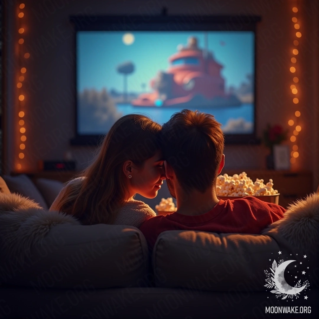 A couple snuggling on a couch with popcorn, watching a movie.