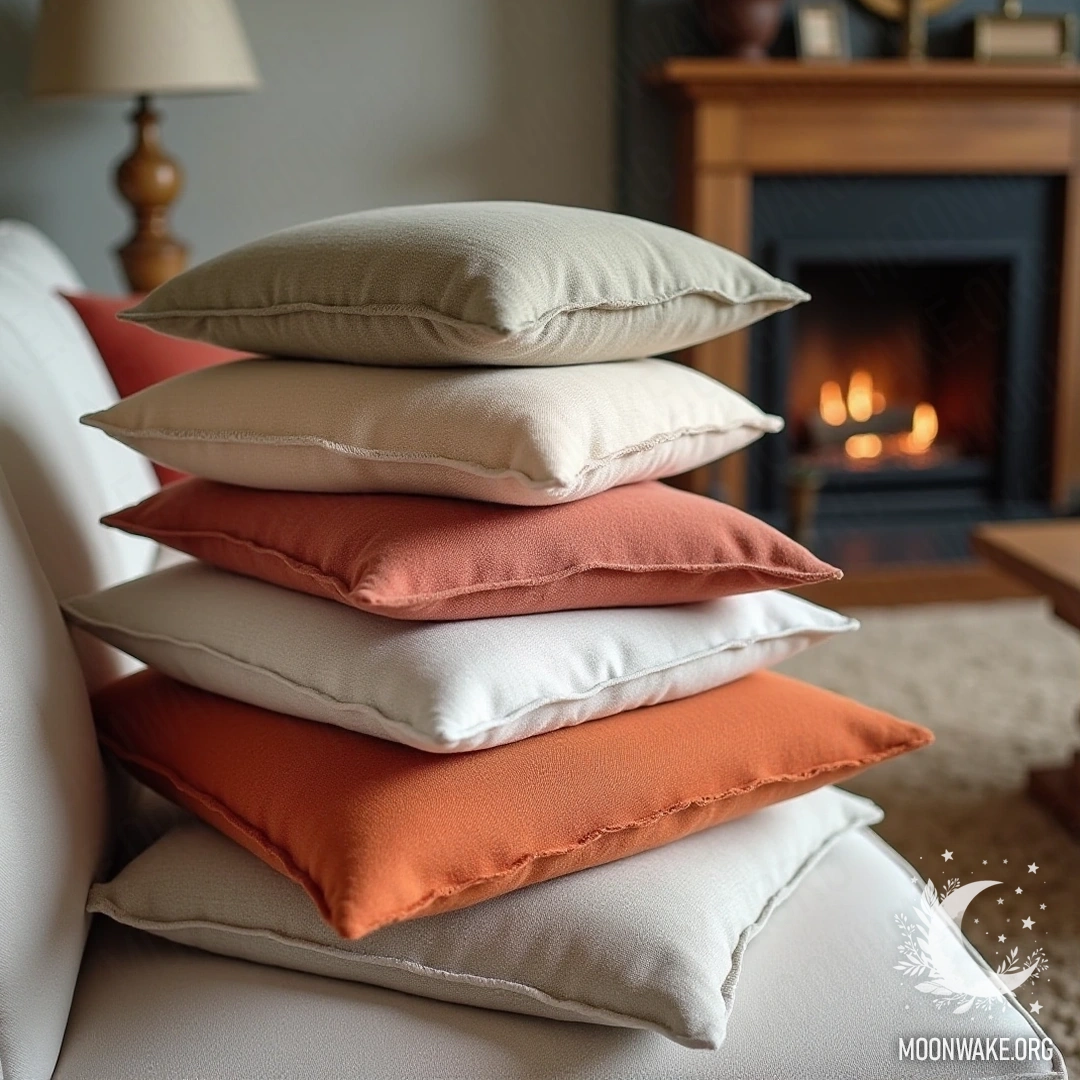 A stack of soft, colorful pillows on a cozy couch beside a fireplace.