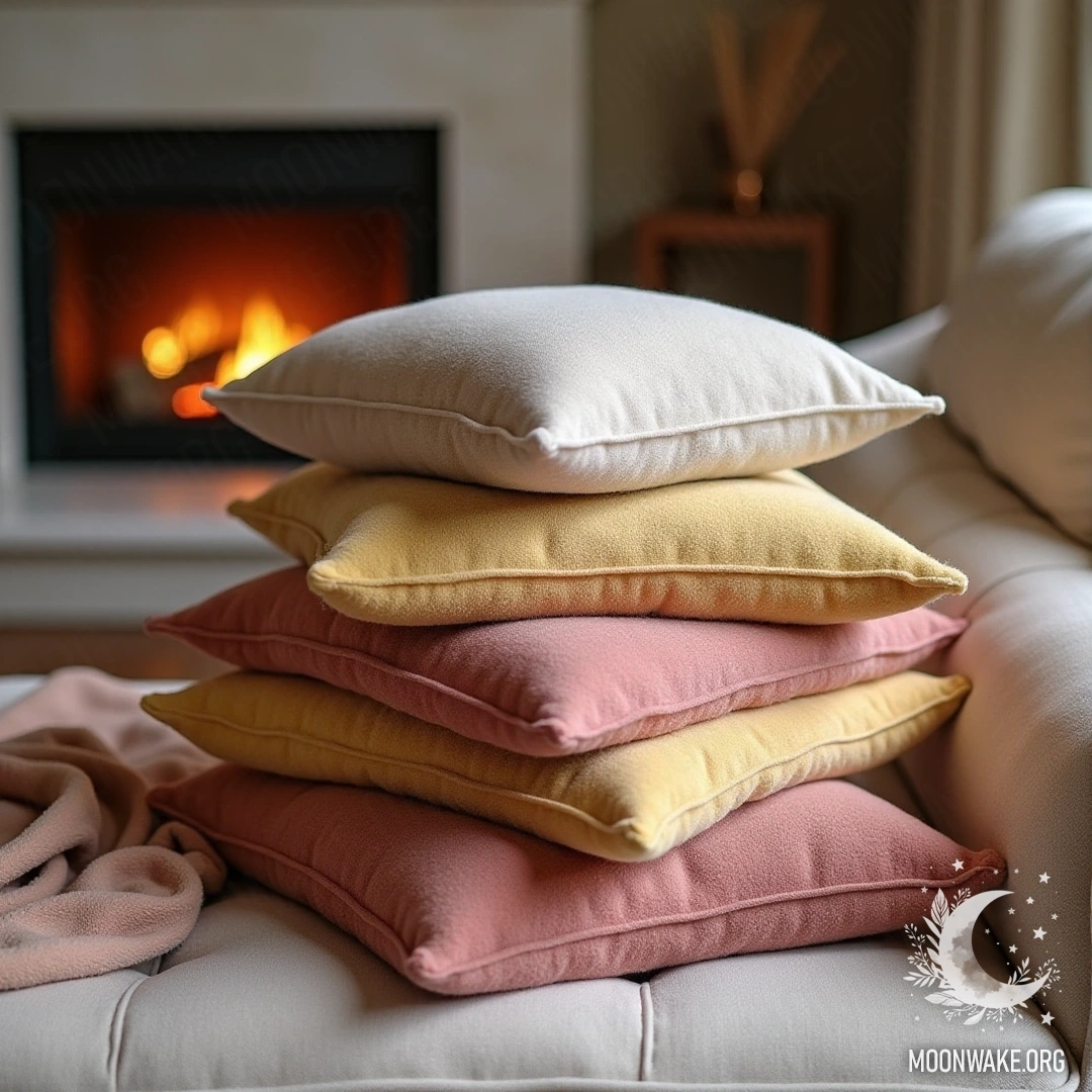 A stack of soft, colorful pillows on a cozy couch beside a fireplace.
