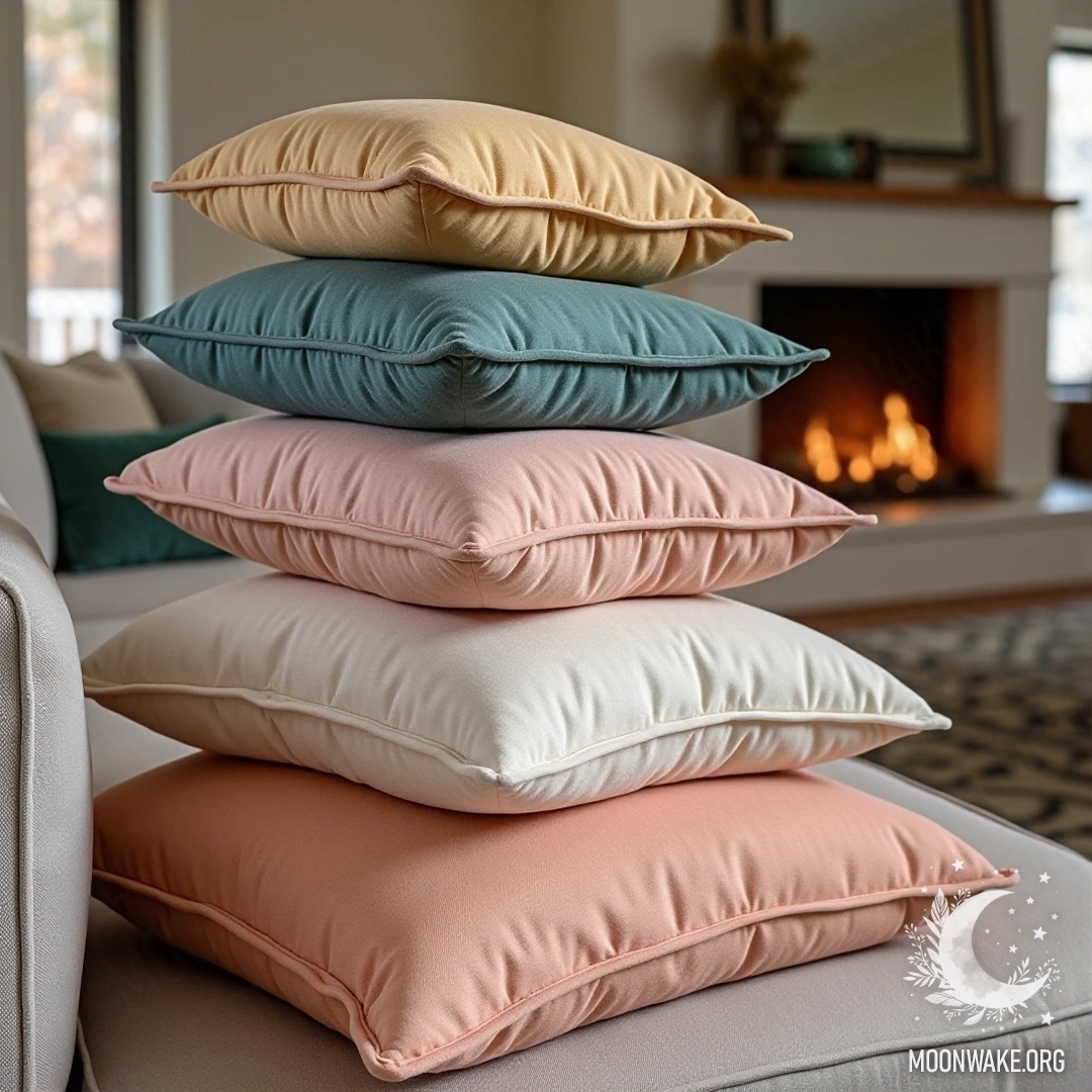 A stack of soft, colorful pillows on a cozy couch beside a fireplace.