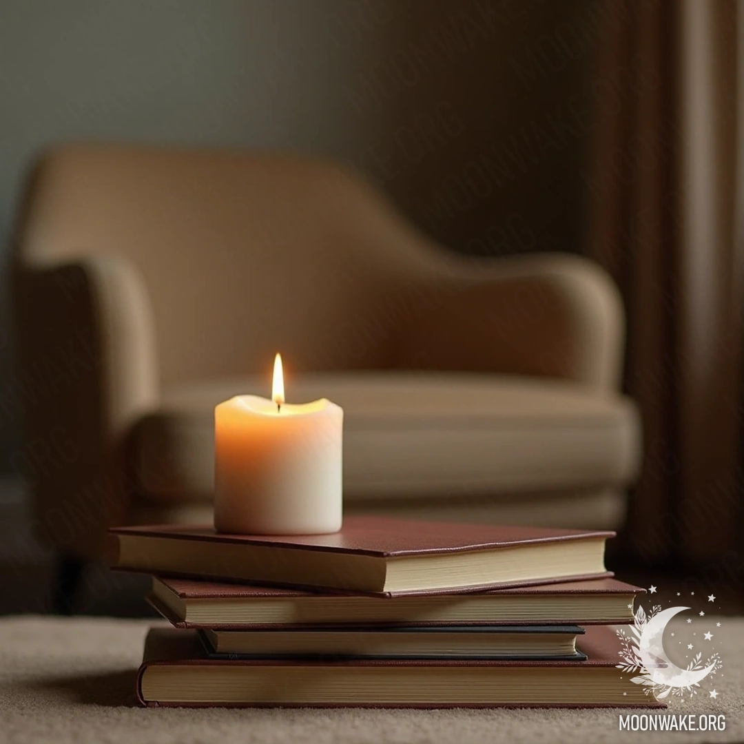 A stack of books next to a softly burning candle with an armchair in the background.