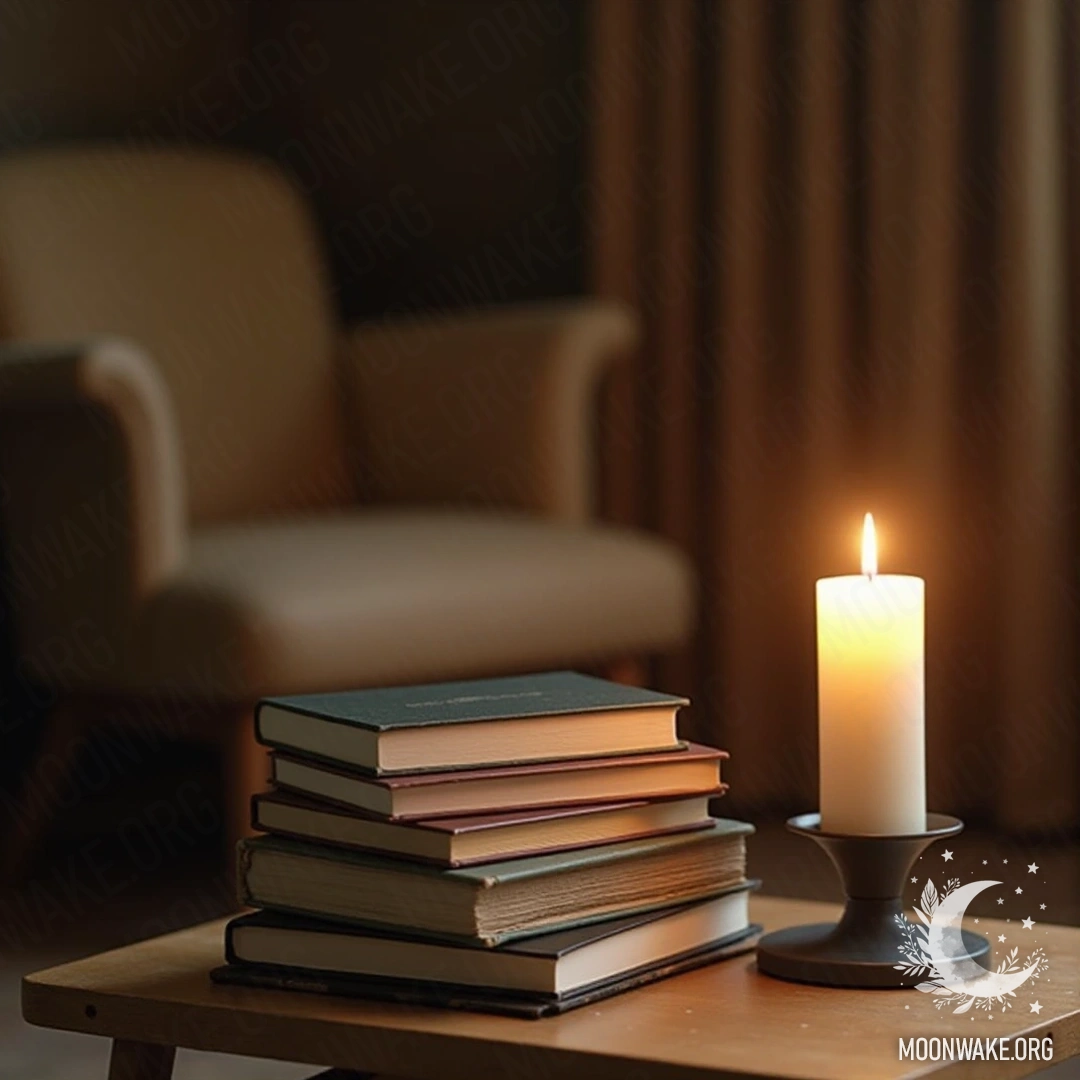 A stack of books next to a softly burning candle with an armchair in the background.