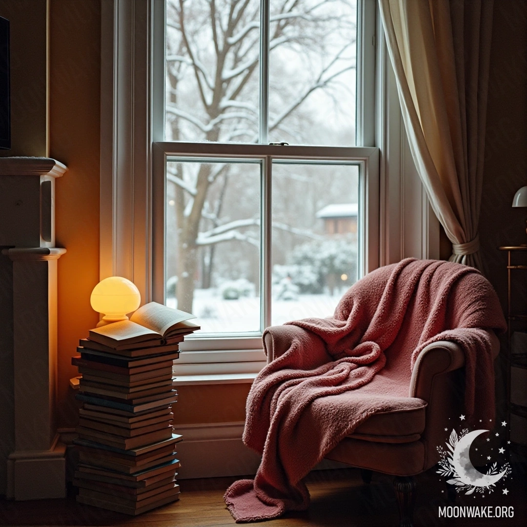 A reading nook by a window with snow falling outside, a blanket, and books.