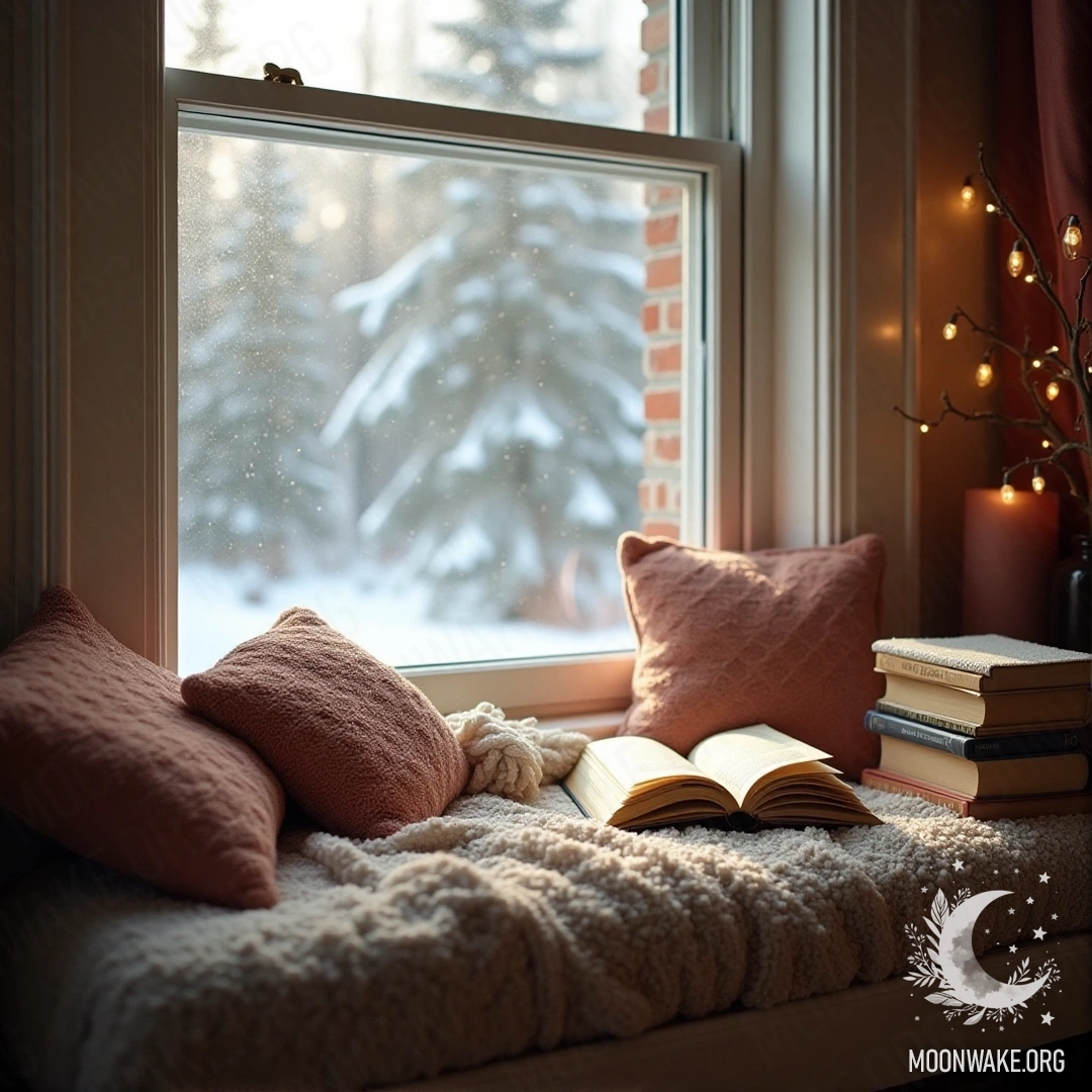 A reading nook by a window with snow falling outside, a blanket, and books.