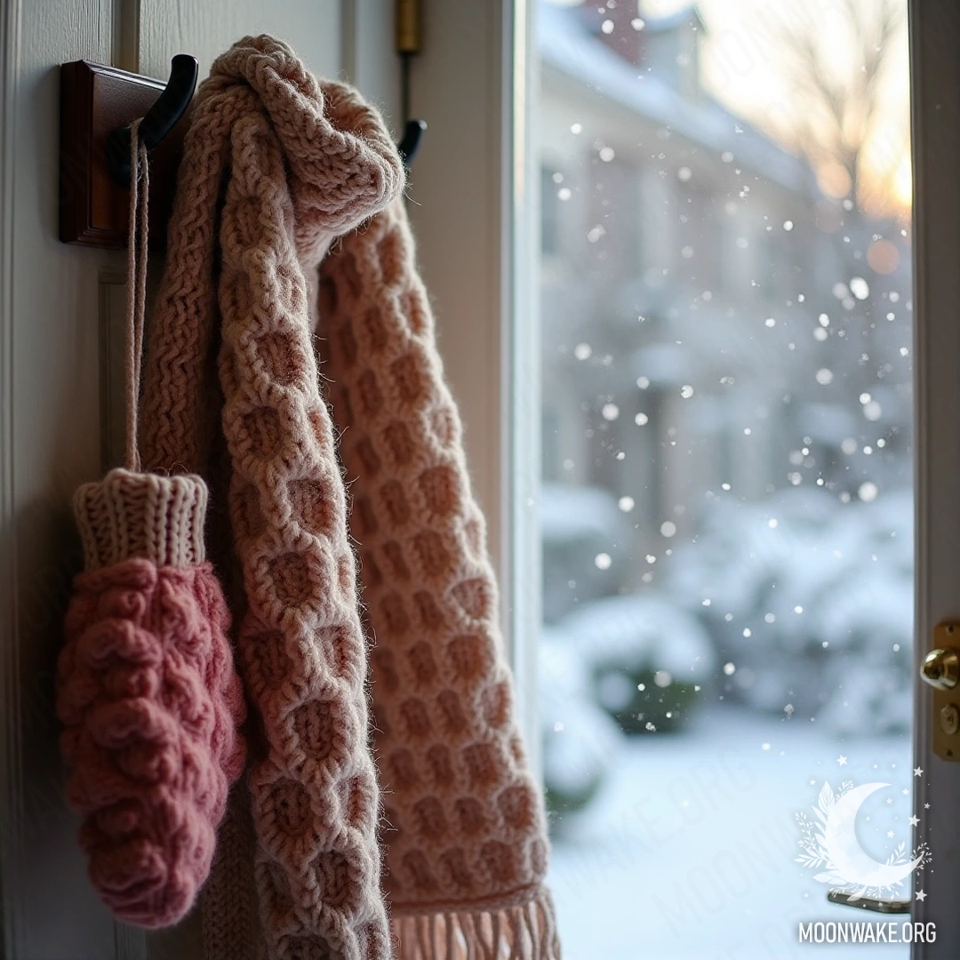 A knitted scarf and mittens hanging on a coat rack with soft snow falling outside.