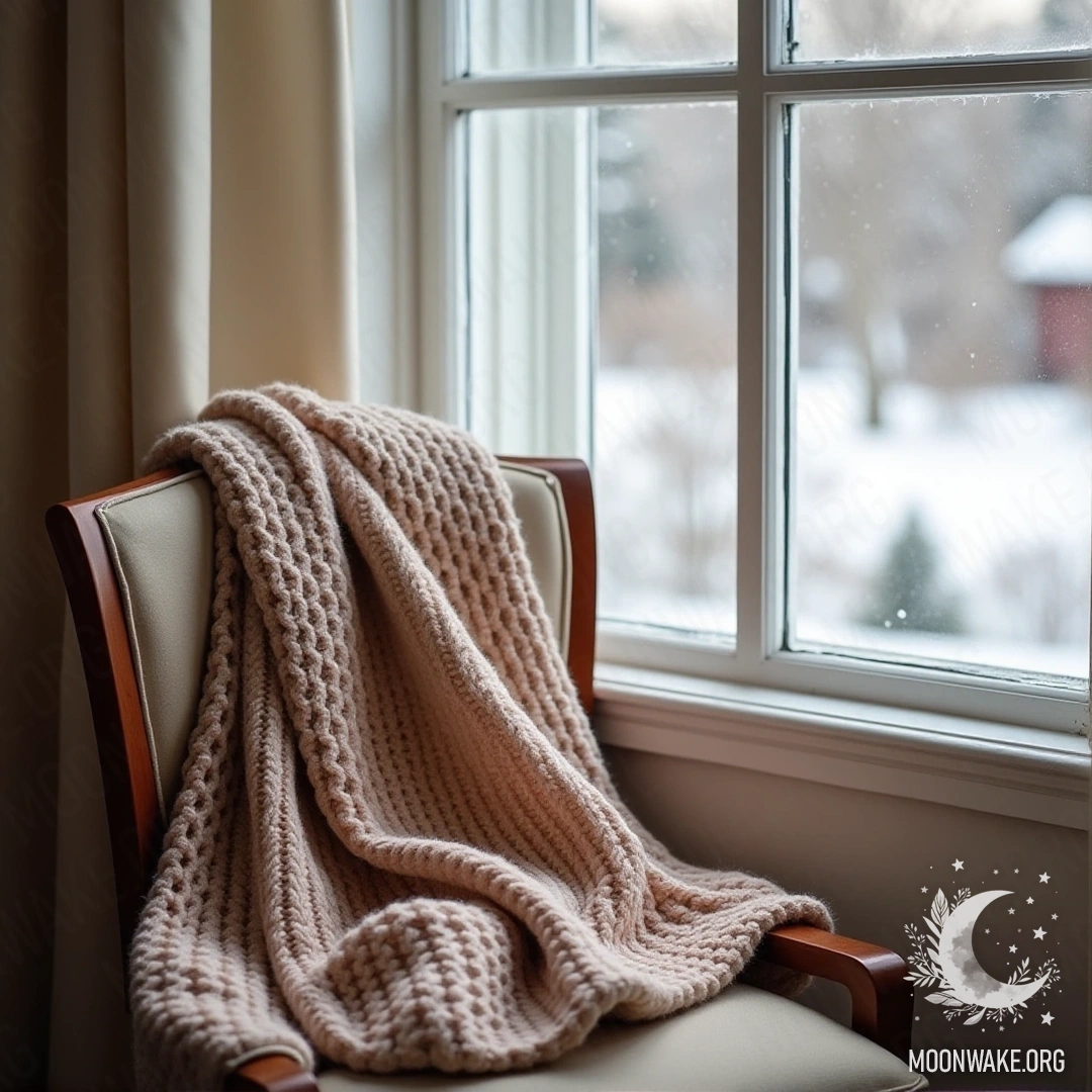 A soft woolen sweater and a warm scarf draped over a chair next to a window with a snowy landscape outside.