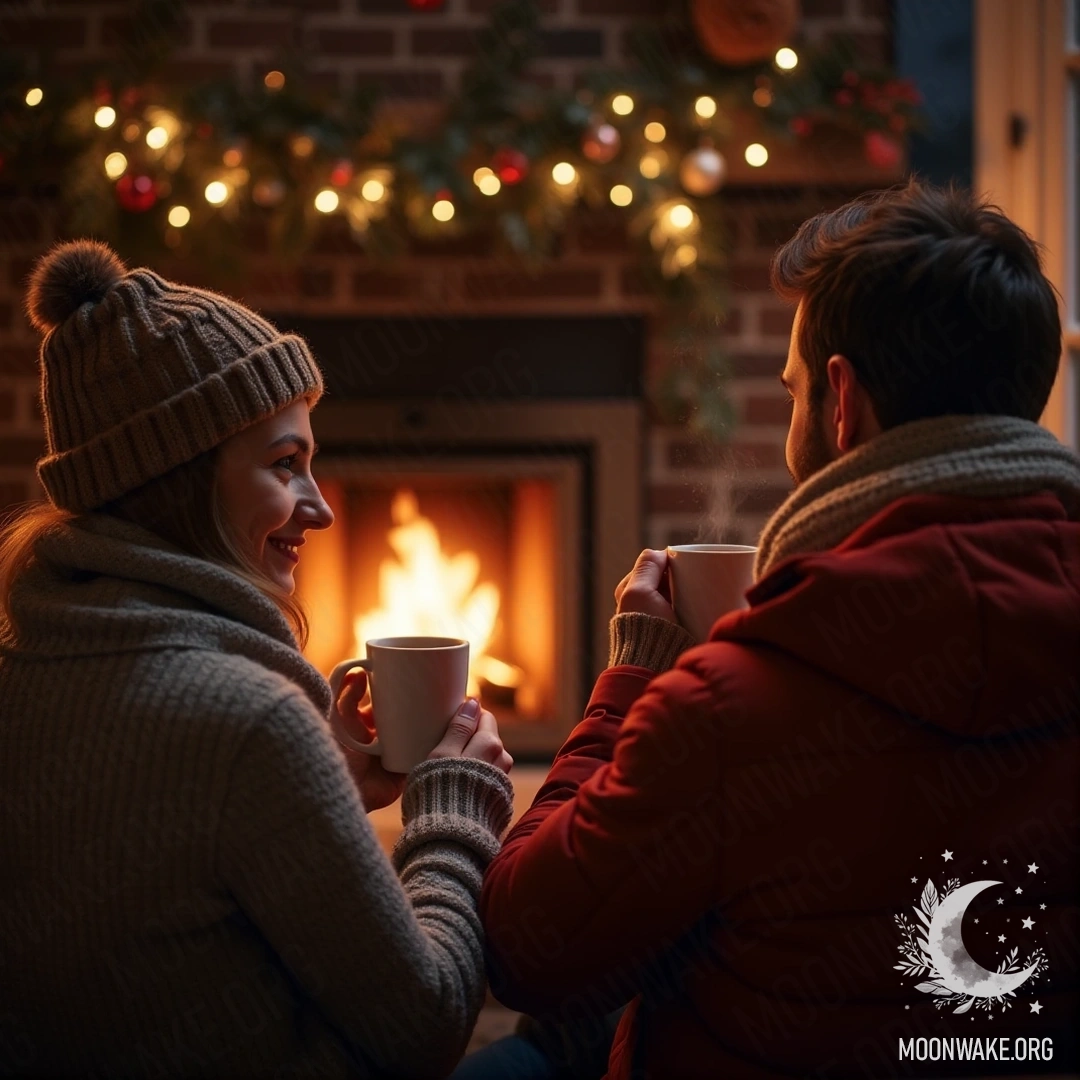 Couple enjoying hot cocoa by the fireplace on a cold winter evening.