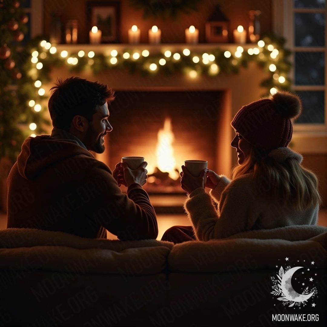 Couple enjoying hot cocoa by the fireplace on a cold winter evening.