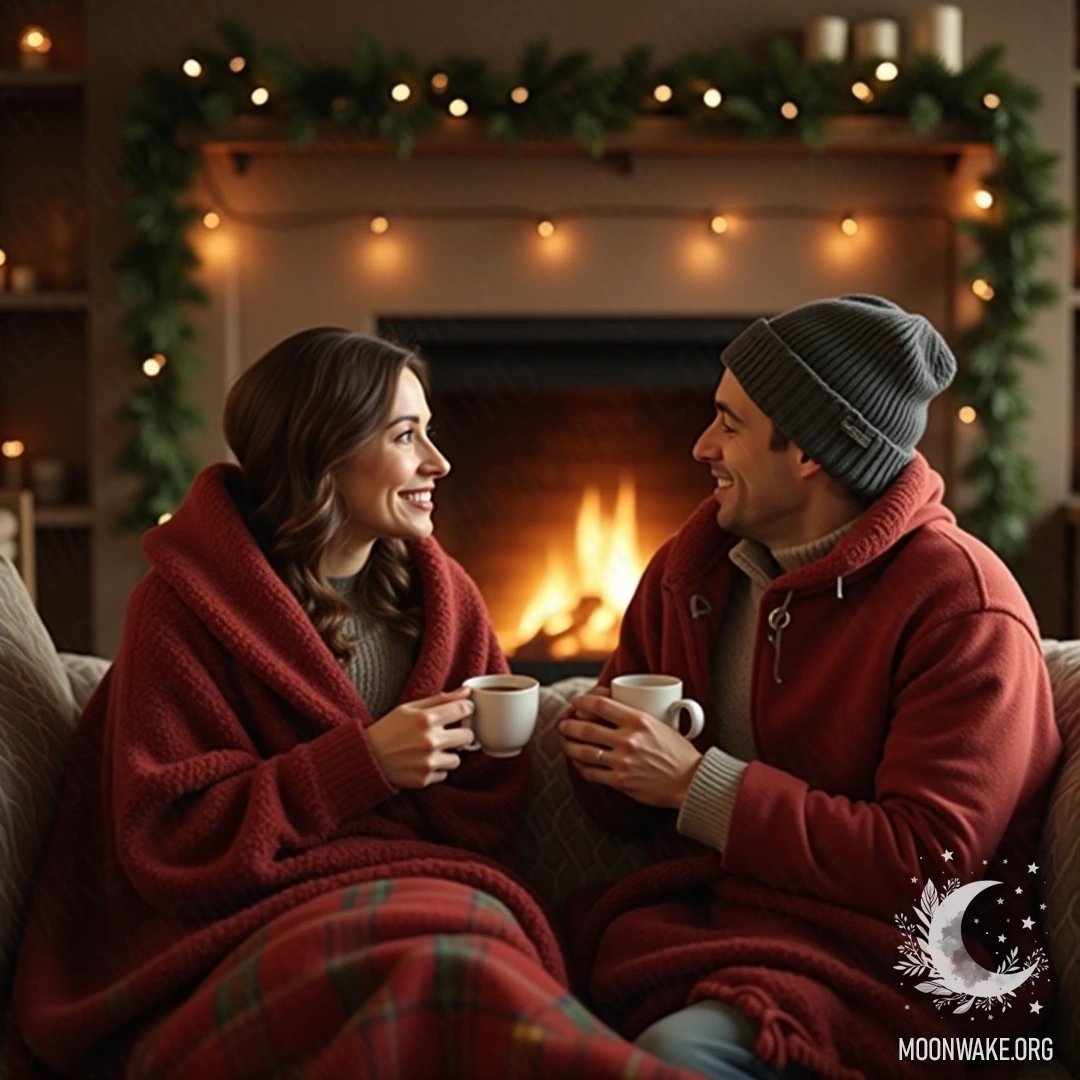 A couple sitting together by a warm fireplace, wrapped in blankets, enjoying hot chocolate.