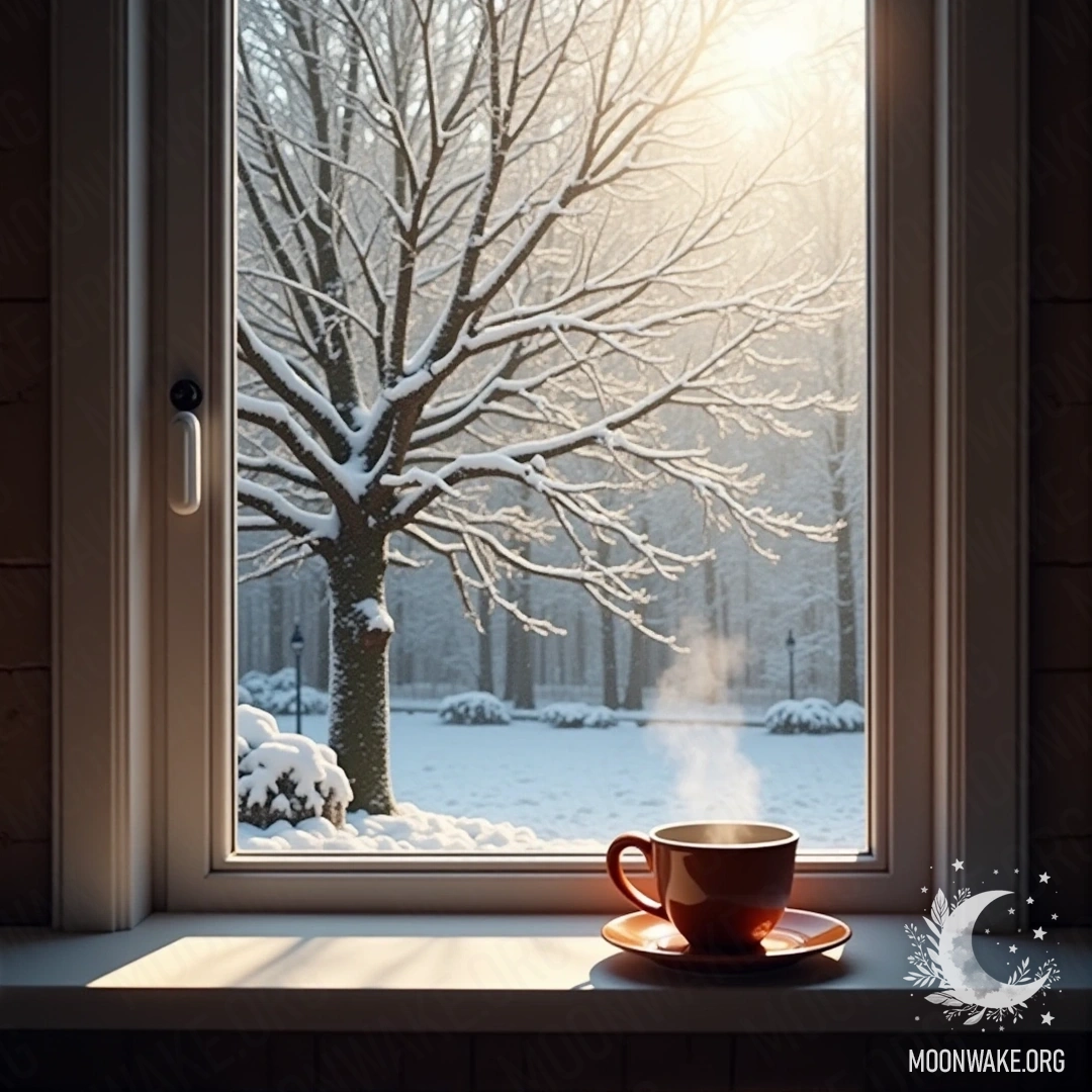 A cozy winter scene featuring a snow-covered tree outside a warm window with a steaming mug of coffee on the windowsill.