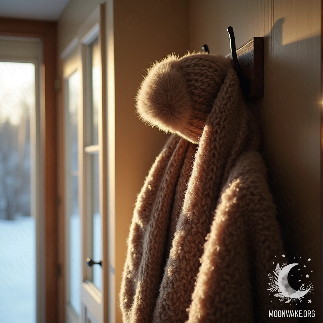 A warm woolen hat and scarf hanging on a coat hook in a softly lit entryway.