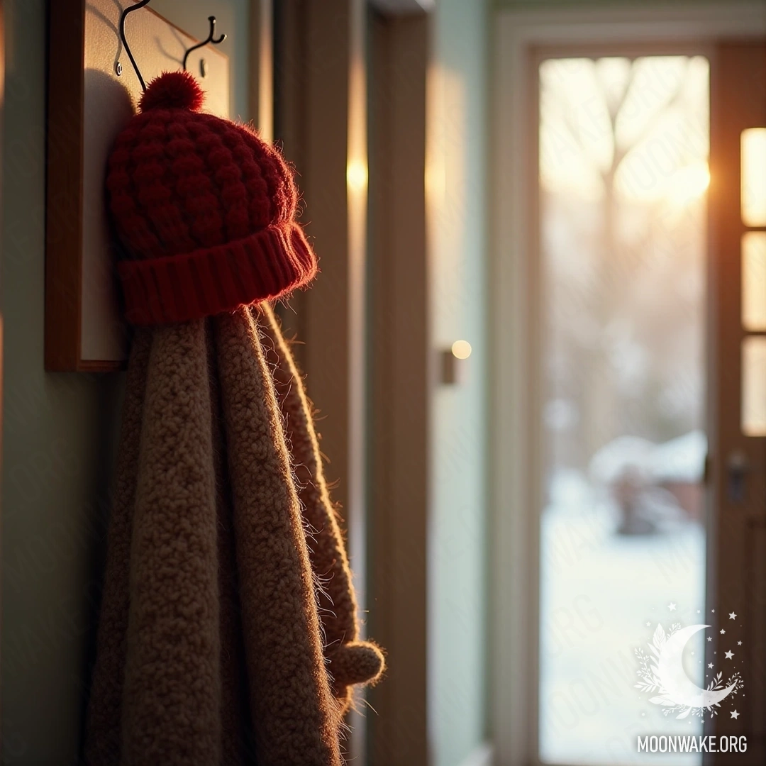 A warm woolen hat and scarf hanging on a coat hook in a softly lit entryway.