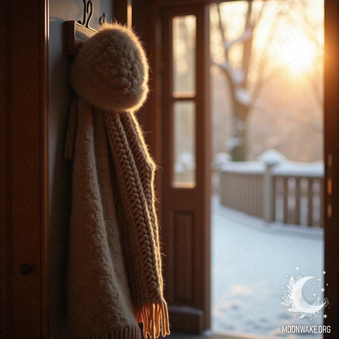 A warm woolen hat and scarf hanging on a coat hook in a softly lit entryway.