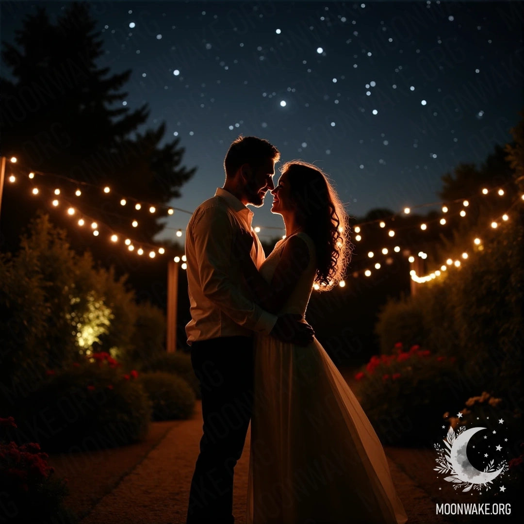 A couple dancing together in a garden illuminated by fairy lights.