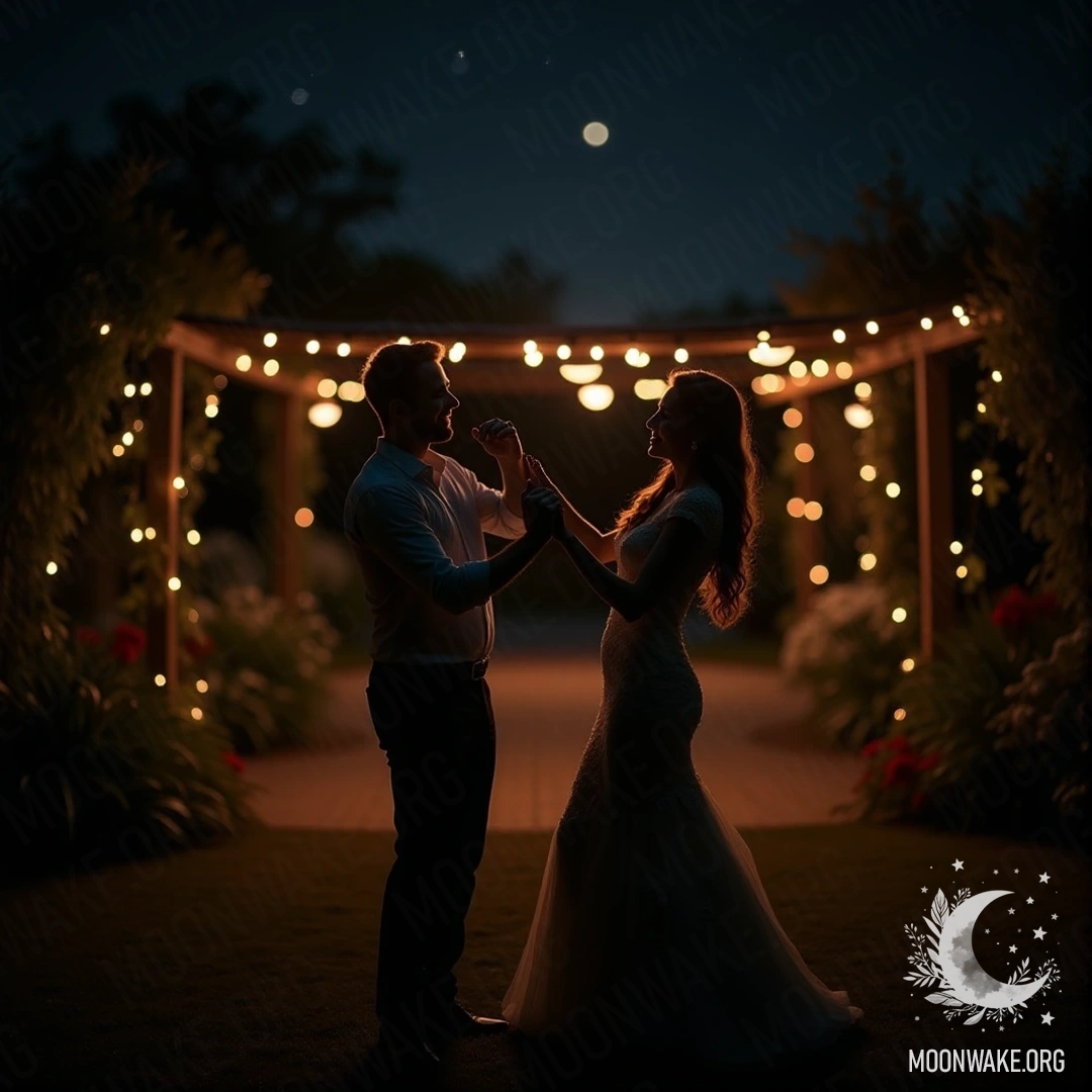 A couple dancing together in a garden illuminated by fairy lights.
