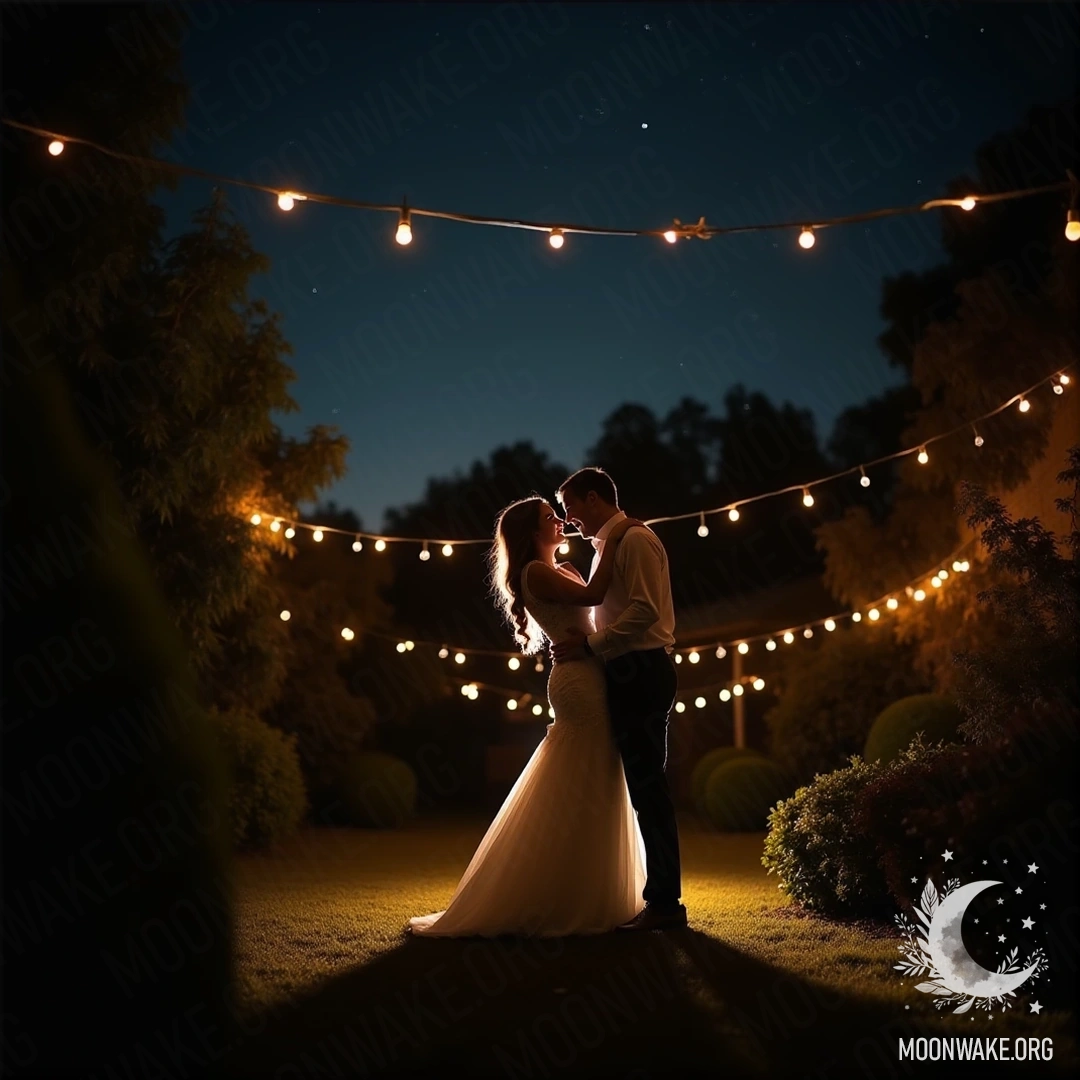 A couple dancing together in a garden illuminated by fairy lights.