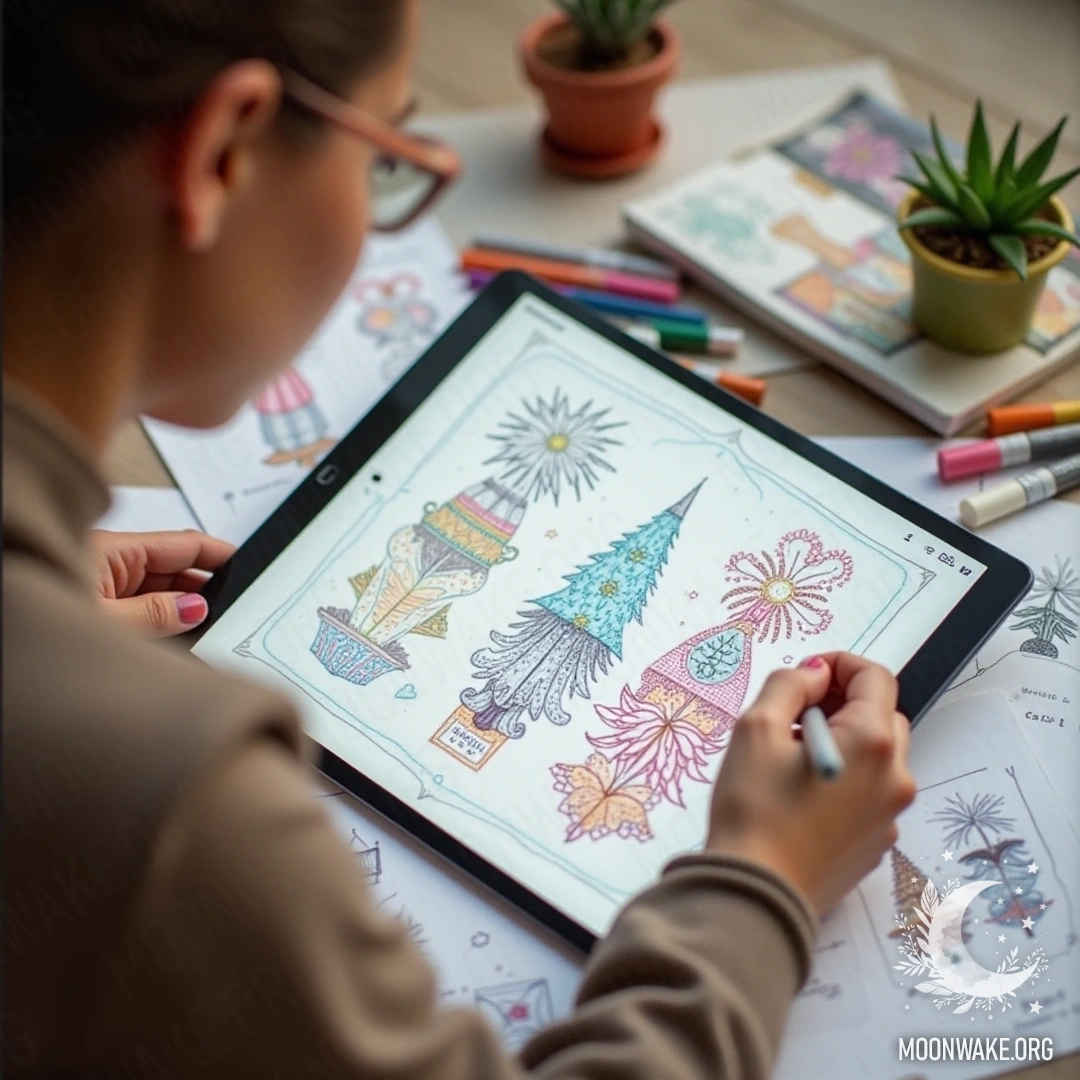 A designer working on a postcard layout with a tablet and markers