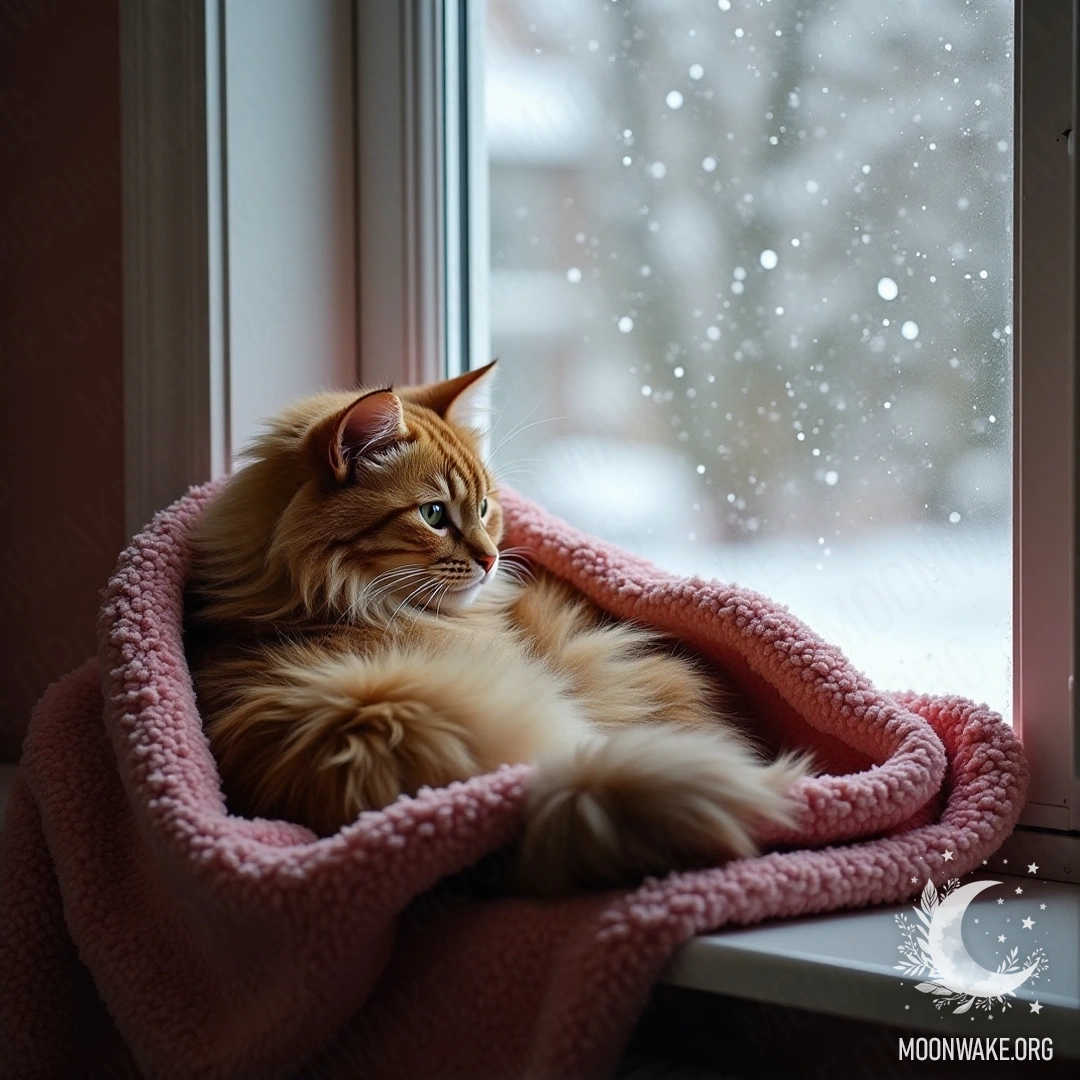 A fluffy cat curled in a blanket, gazing out the window at falling snow.