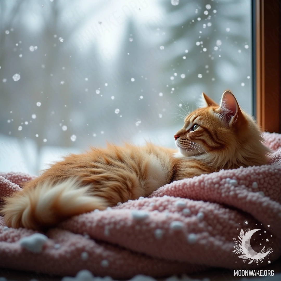 A fluffy cat curled in a blanket, gazing out the window at falling snow.