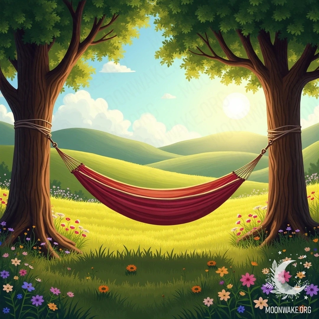 A peaceful hammock suspended between two trees in a sunny meadow filled with wildflowers and rolling hills.