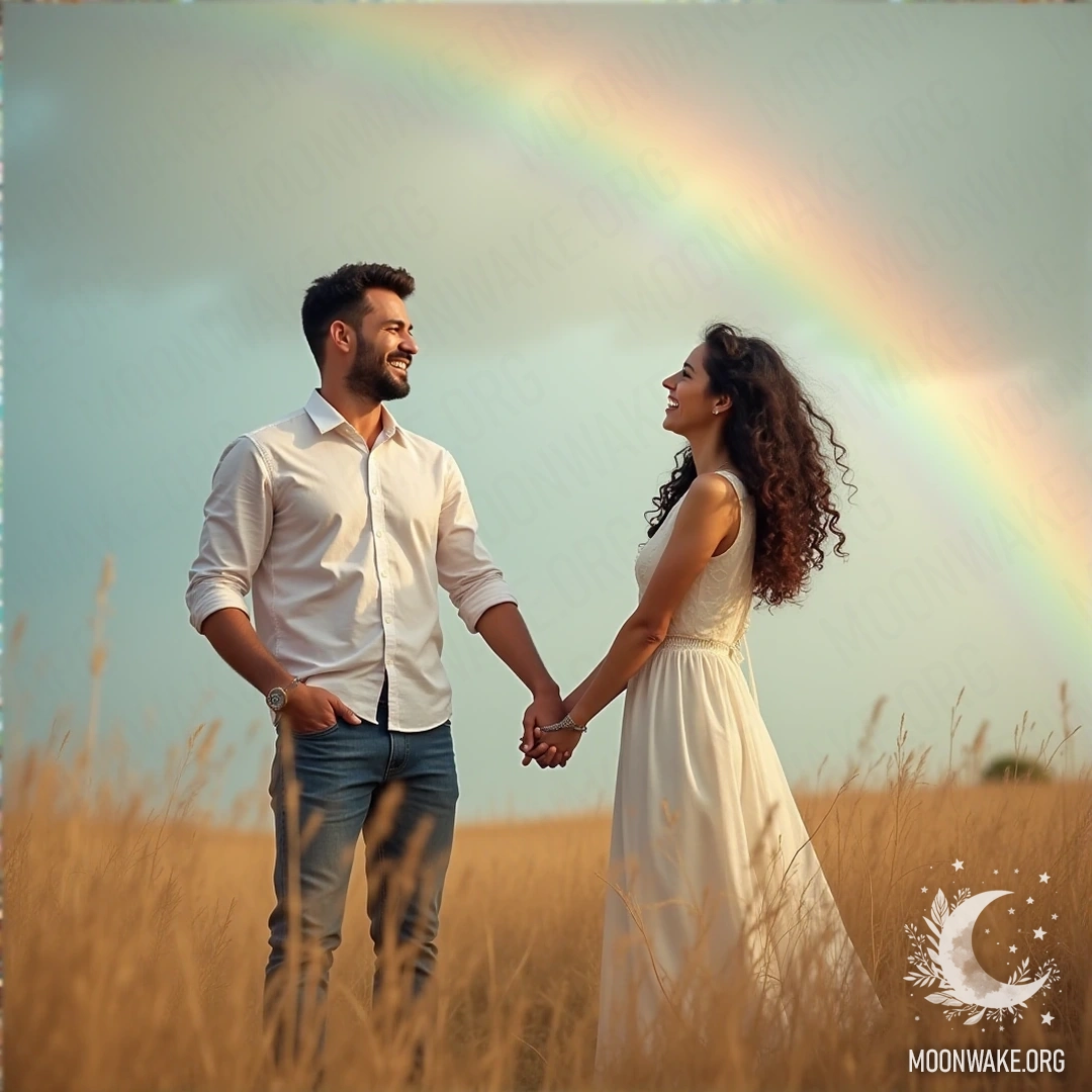 A happy couple holding hands beneath a vibrant rainbow.