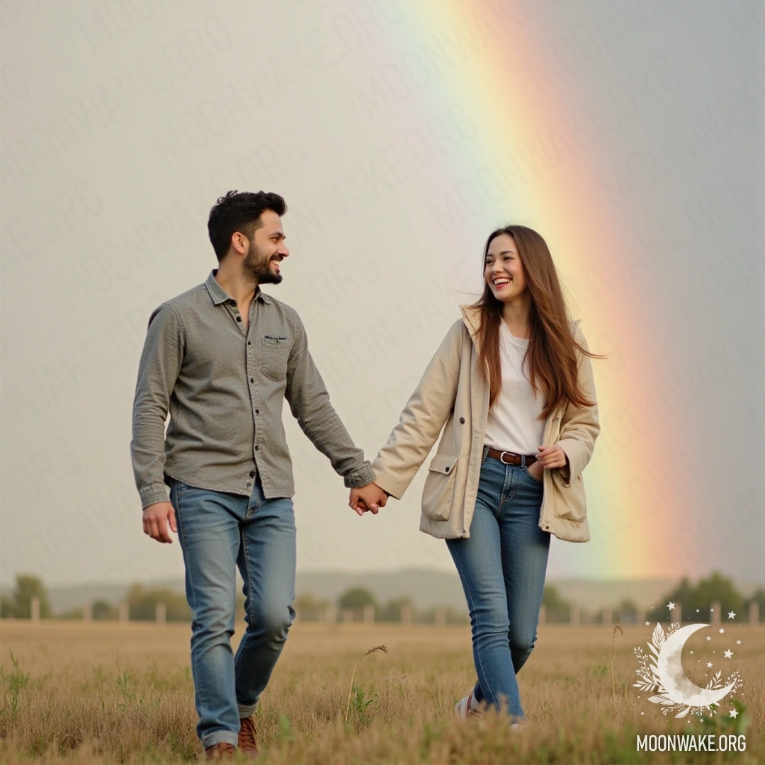 A happy couple holding hands beneath a vibrant rainbow.