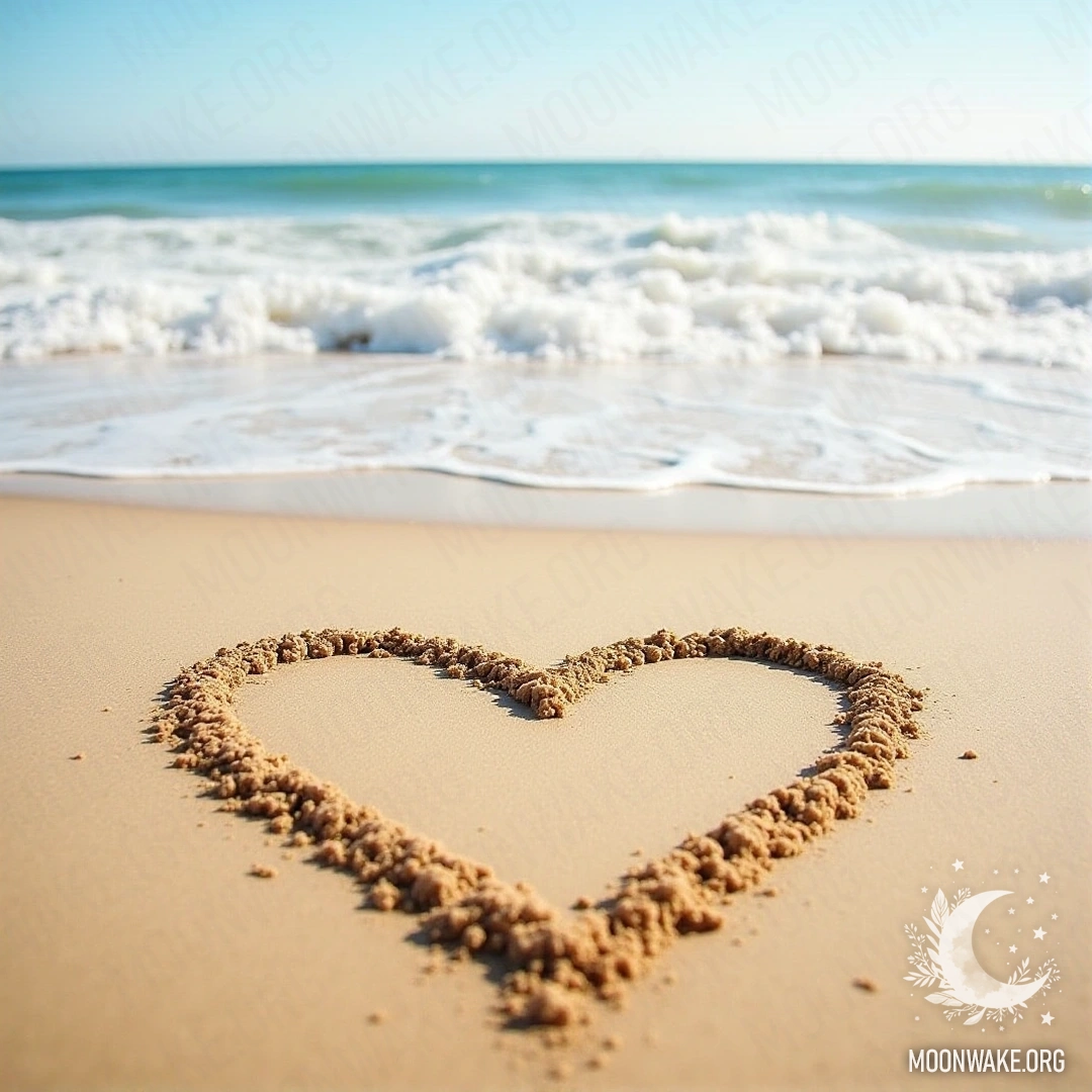 A heart shape drawn in the sand on the beach with ocean waves behind.