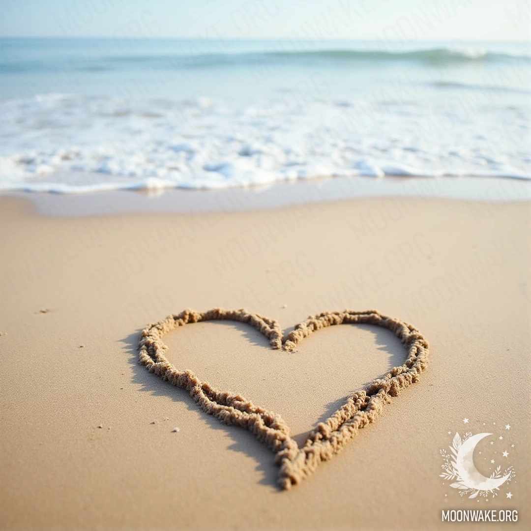 A heart shape drawn in the sand on the beach with ocean waves behind.