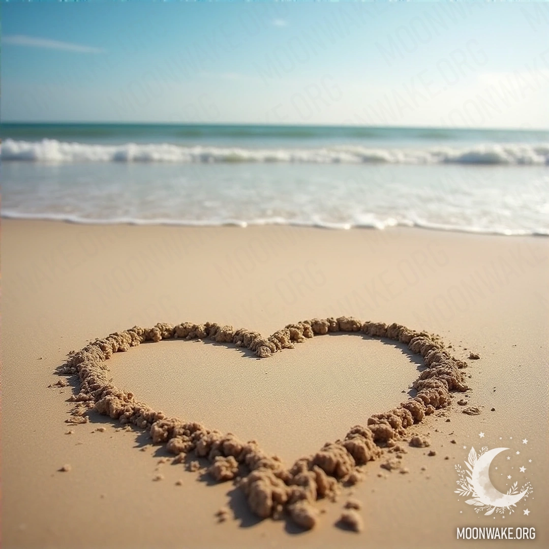 A heart shape drawn in the sand on the beach with ocean waves behind.