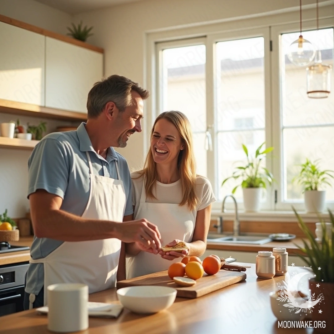 A couple joyfully laughing while preparing breakfast in a bright kitchen with sunlight streaming through the windows.