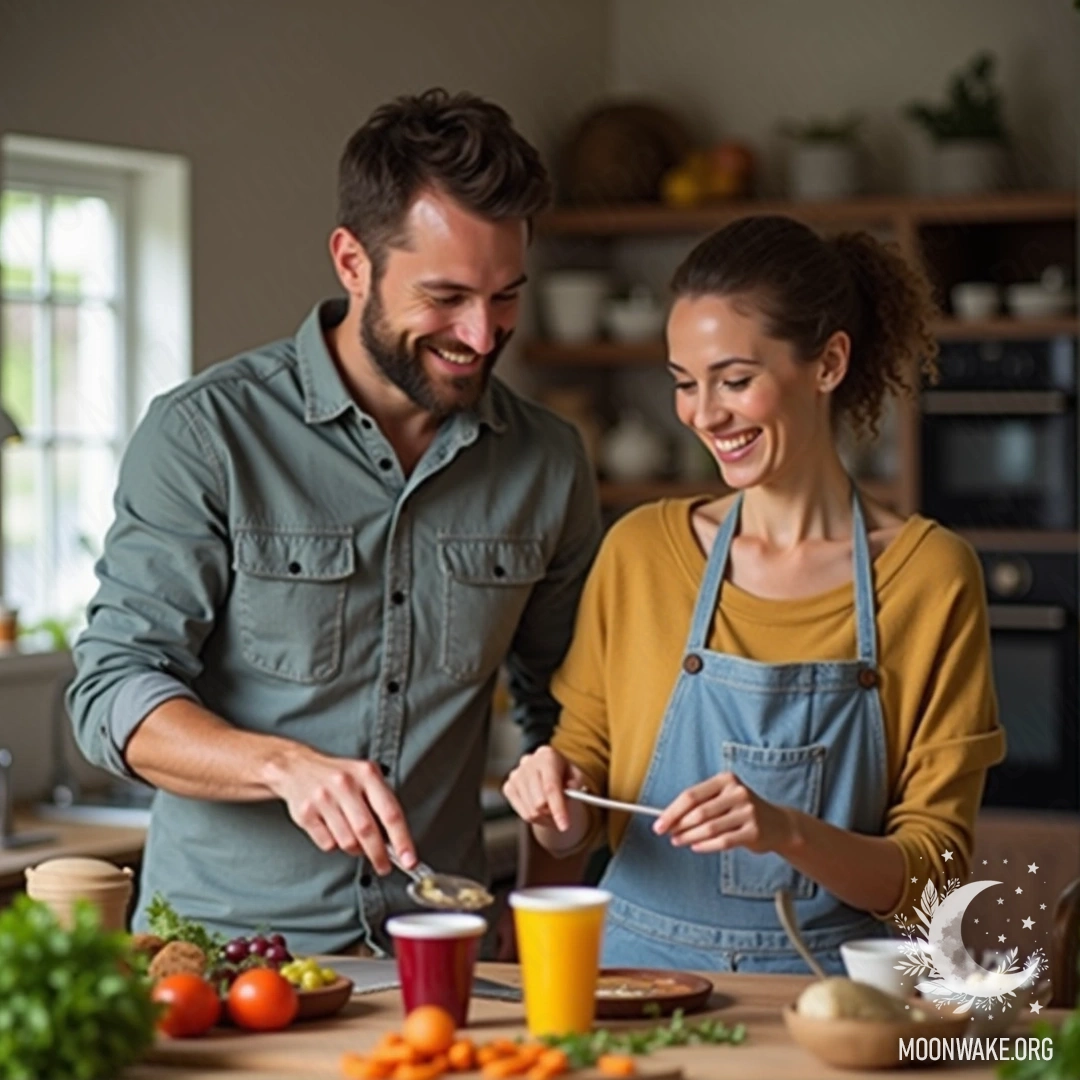 A couple joyfully cooking together in the kitchen with smiles.